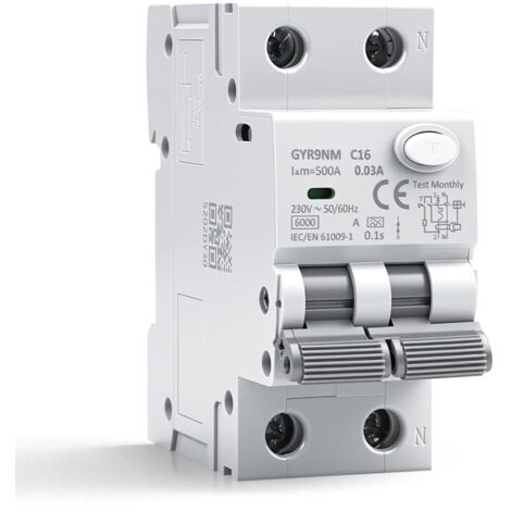 Interruptor automático de corriente residual tipo A de 30 mA y 16 A, 1P+N, RCBO, 6 kA, MCB, AC230 V, protección contra sobrecarga y cortocircuito, GYR9NM
