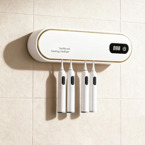 Soporte de pared para cepillos de dientes con función de secado y temporizador (19,8 x 8,3 x 4,8 cm), esterilizador de limpieza profunda de 4 ranuras, esterilizador de cepillos de dientes de 1800 mAh, (1/5)