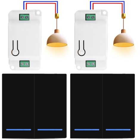 Conjunto de interruptores inalámbricos RF433, 230 V, transmisor y receptor de seguridad de 50 M, interruptor inalámbrico, fácil instalación para lámparas de hasta 2000 W - 2 interruptores negros y 2