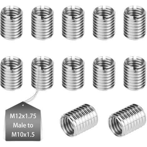 12 insertos metálicos roscados M12 a M10 de 15 mm para reparación de madera. Insertos reductores de rosca de acero inoxidable. Herramienta de conversión de insertos. Tuerca de inserción interna M10 x 