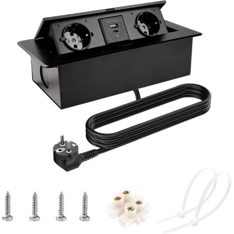 Regleta de enchufes empotrable para encimera con 2 salidas, USB y Tipo-C, 18 W, retráctil, para encimera de cocina, cable de alimentación de 1,8 m.