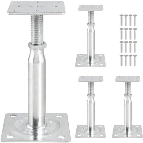 soportes de altura ajustable de 150 mm a 200 mm. Soportes de madera galvanizada con orificios ajustables para postes. Pies de soporte de hormigón para cercas, cocheras, pérgolas y refugios.
