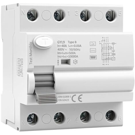 Interruptor diferencial tipo B de 30 mA, interruptor diferencial 3P+N de 40 A, 30 mA, 10 kA, AC400 V, adecuado para estaciones de carga y equipos industriales GYL9