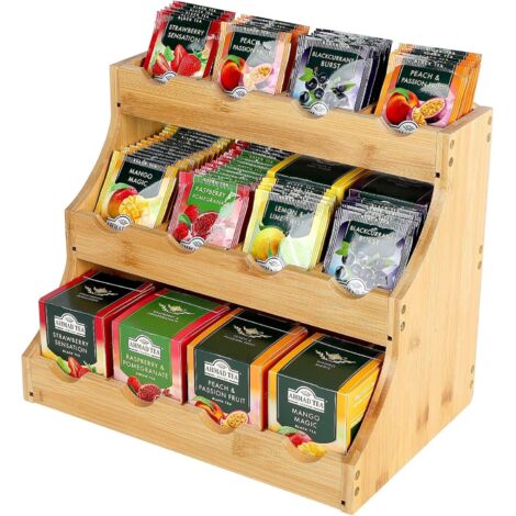 Estante vertical de bambú para guardar bolsitas de té, con 12 compartimentos ajustables: caja de madera de tres niveles para bolsitas de té, café, azúcar y palitos para remover.