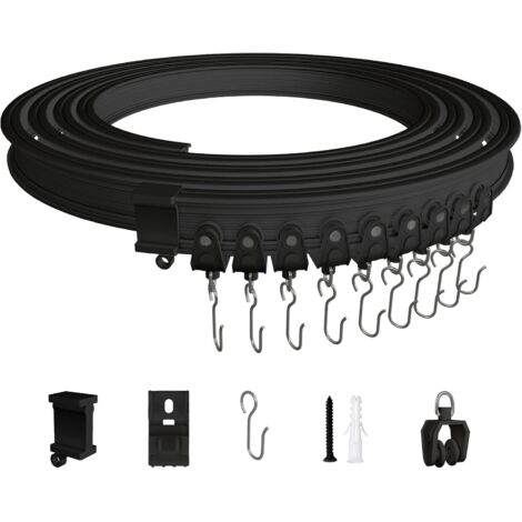 Riel de cortina de techo de 3 metros, kit de riel de cortina flexible y plegable de ABS con poleas silenciosas para separador de ambientes, cortinas, dormitorio, balcón, oficina, hotel, negro. (1/5)