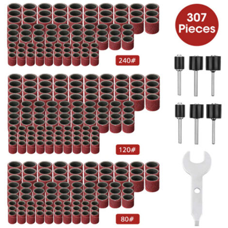 307-teiliges Schleiftrommel-Set, Schleiftrommel-Set für Bandschleifer - 300 Stück Schleifbänder (80/120/240) + 6 Stück Trommelspindeln für Drehwerkzeug + 1 Kombischlüssel. (1/5)