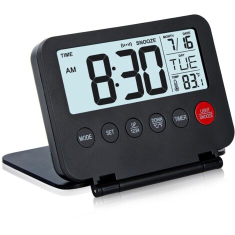 Digitaler Reisewecker mit großem LCD-Display, Datums- und Temperaturanzeige, Snooze-Funktion, 8-Sekunden-Rückbeleuchtung, batteriebetrieben mit AAA, kompakt und tragbar (1/5)