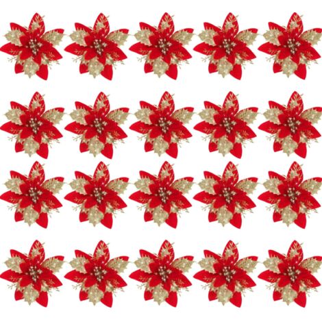 20er Set Künstliche Weihnachtsblumen mit Glitter-Pinzetten und Stielen – Dekoration für Weihnachtsbaum, Hochzeiten, Festlichkeiten und Kränze (1/5)