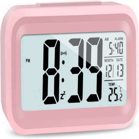 Digitaler Wecker für Schlafzimmer mit LCD-Display, Schlummerfunktion, 12/24-Stunden-Format, batteriebetrieben, für Erwachsene, Büro und Reisen, in Rosa (1/5)