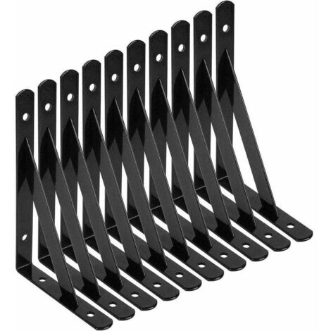 Regalhalterungen, 10 Stück 90-Grad-Dreieck-Regalhalterungen aus Stahl, 150 mm x 95 mm Regalhalterungen, Eckstrebenhalterung mit 50 Stück Schrauben und 20 Stück Dübeln (schwarz) (1/4)
