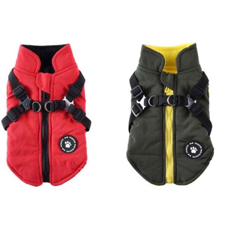 (L) Rot + Grün Hundemantel Jacke mit Geschirr für kleine und mittelgroße Hunde Wasserdichter Hundemantel Jacke Warm Gepolsterte Puffer Hundekleidung Welpen Hundemantel (1/4)