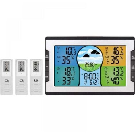 Funkwetterstation mit 3 Außensensoren Digitales Farbdisplay Thermometer Hygrometer Barometer, Wettervorhersage, einstellbare Hintergrundbeleuchtung (1/3)