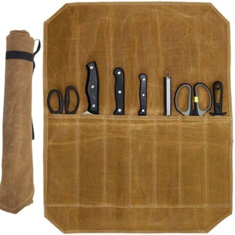 Kochmessertasche mit 7 Fächern für Camping, Werkzeugtasche, Aufbewahrung für Messer und Löffel, Profi-Kochmessertasche, Braun, Messertasche (1/4)