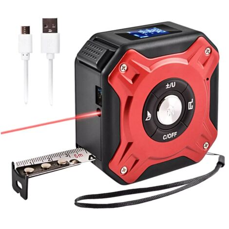 in 1 Laser-Maßband, wiederaufladbares Laser-Maßband mit 40 m Laser und 5 m Band, per USB wiederaufladbar mit LCD-Hintergrundbeleuchtung, Digitalanzeige für Länge/Fläche/Volumen/Messung (1/5)