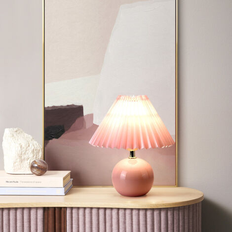 Wunderschöne Plissee-Tischlampe im Vintage-Stil mit rosa Keramiksockel und rosa Plissee-Schirm