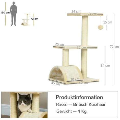 Kratzbaum für Katzen, 72 cm hoch, mit Plüschbällen, Sisal-Säulen, Plattformen und Kratzflächen, mehrstöckig, für mittelgroße Katzen geeignet, cremeweiß. (1/5)