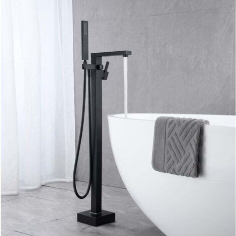 Rubinetto per vasca da bagno con doccetta, rubinetto per vasca da bagno a cascata, miscelatore per vasca da pavimento indipendente con maniglia, nero (installazione interrata)