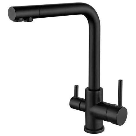 Rubinetto da cucina a 3 vie, miscelatore da cucina girevole a 360°, doppia maniglia, con uscita per acqua potabile filtrata, cromato (1/5)