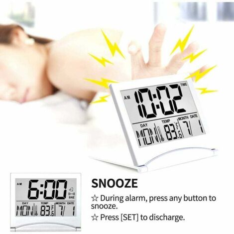 Sveglia Digitale Da Viaggio Pieghevole Con Calendario, Termometro, Timer E Snooze - Display LCD Grandi Numeri, Batteria CR2025 Inclusa - 3