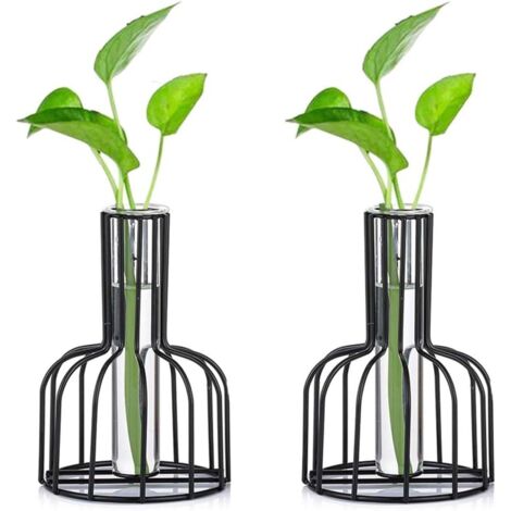 Stazione di propagazione con struttura in metallo, set di 2 vasi per fiori neri, vasi in provetta per piante idroponiche, piccolo vaso per boccioli per la decorazione del tavolo di casa, cucina e uffi (1/2)
