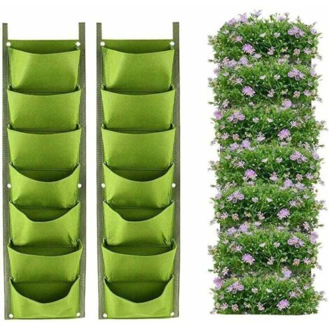 Sacchetti per fioriere sospesi, confezione da 2, 7 tasche, fioriera verticale da parete, sacchi per la coltivazione, giardinaggio interno ed esterno, vaso per fiori verde verticale (verde)