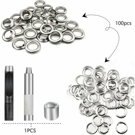 Kit di occhielli, 100 set di occhielli, occhielli per teloni, kit di occhielli, per riparazione di teloni in tela, tenda, argento, 12 mm (diametro interno)