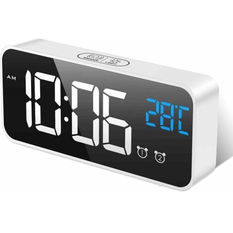 Sveglia digitale, orologio digitale con sveglia a LED, ampio display, temperatura media, luminosità e suono regolabili, attivazione sonora, orologio con ricarica USB per casa e ufficio, bianco (1/4)