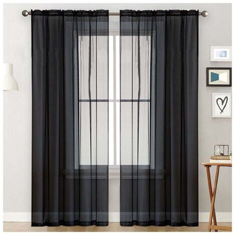 pz tende trasparenti nere per soggiorno, asta tascabile, tende per finestre, pannelli per camera da letto, tende in voile semitrasparenti
