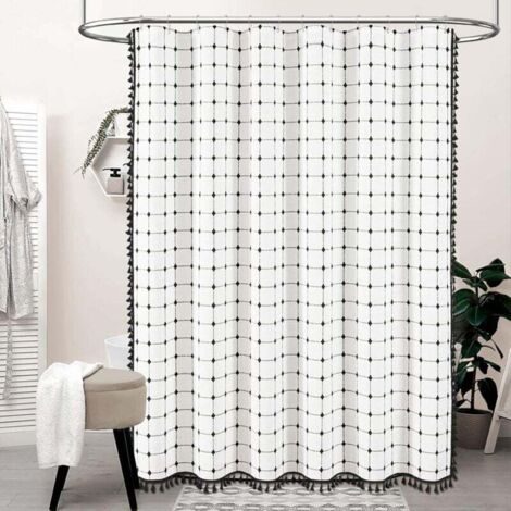 Tenda da doccia in tessuto di lino con nappe in stile bohémien, decorazione per il bagno, 182,9 x 213,4 cm (sfondo bianco con quadri neri)