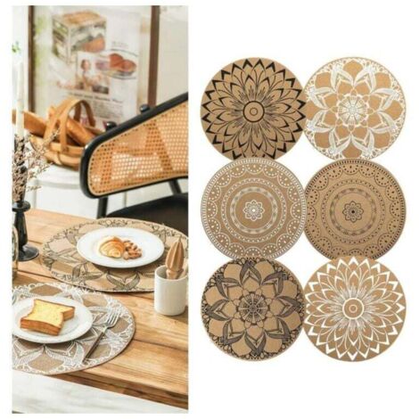 Set di 6 tovagliette rotonde in PVC intrecciato con stampa bohémien, lavabili, resistenti al calore, antiscivolo, per cucina, ristorante, tavolo da pranzo (misto) (1/4)
