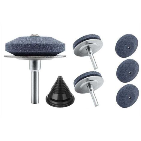 1 caja de 3 afiladores de cuchillas de corindón para cortacésped, piedra de afilar giratoria para cuchillas de cortacésped con soporte de metal y equilibrador de cuchillas negro para taladros. (1/4)