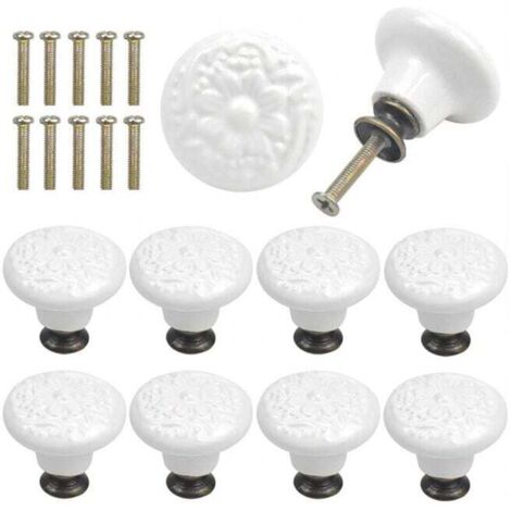 10 pezzi - Pomelli per cassetti in ceramica bianca con incisione vintage, maniglia per porta per mobili rotonda con viti