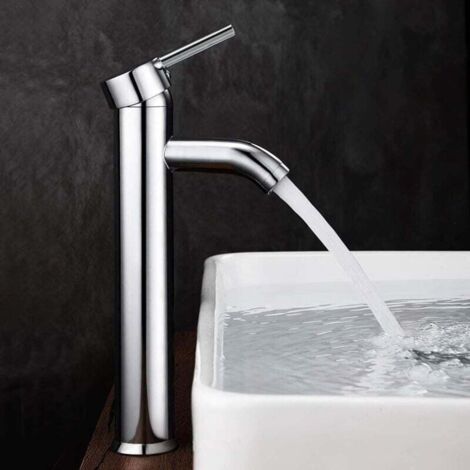 Grifo para lavabo de baño, mezclador de arco alto para lavabo o lavabo, mezclador ajustable de agua caliente y fría, latón cromado (gris plateado)