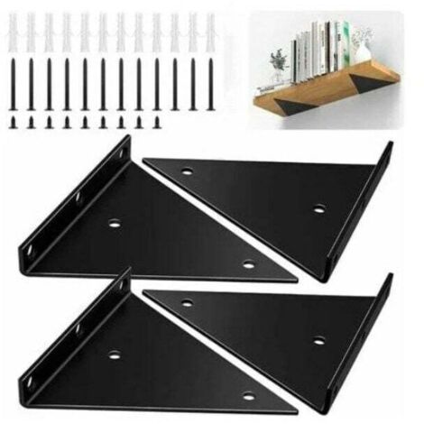 Paquete de 4 soportes de pared de hierro resistentes con tornillos, soporte invisible de ángulo recto para estante de pared con gran capacidad, color negro (1/4)