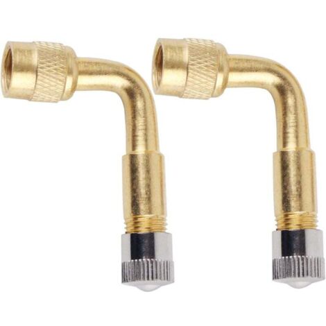 Paquete de 2 extensiones de válvula de cobre de 90 grados, adaptador de válvula angular, extensión de válvula de neumático, extensión de válvula angular para coche, motocicleta, bicicleta y scooter. (1/3)