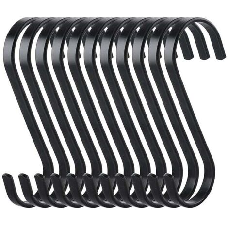 10 ganchos planos de acero inoxidable en forma de S, resistentes, para cocina, carnicería, ropa, plantas, jardinería, color negro. (1/4)