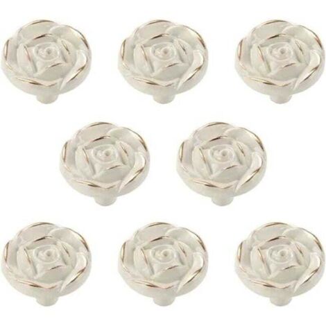 Set di 8 pomelli vintage per mobili, maniglie per cassetti, bianchi, a forma di rosa