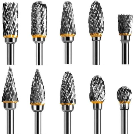 Juego de 10 fresas rotativas de acero de carburo de tungsteno con doble filo, vástago de 1/8", para tallado de madera, pulido de metales, grabado y perforación. (1/4)