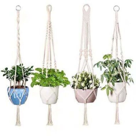 Set Di 5 Fioriere In Macramè In Cotone Con Ganci - Decorazione Boho Per Interni/Esterni