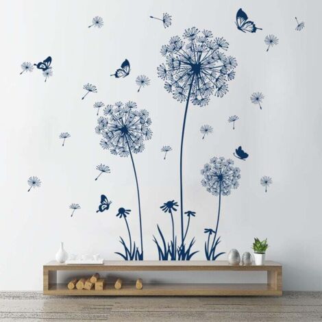 Pegatinas de pared de diente de león azul, pegatinas de pared de flores azules, pegatinas de pared de diente de león y mariposas para salas de estar, dormitorios, oficinas, sofás, fondo, decoración de (1/4)