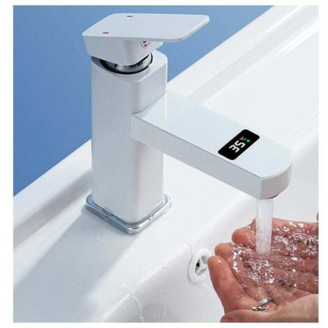 Grifo mezclador para lavabo de baño de latón puro único, grifo aireador Neoperl para baño, grifo mezclador para lavabo, color cromo + blanco. (1/4)