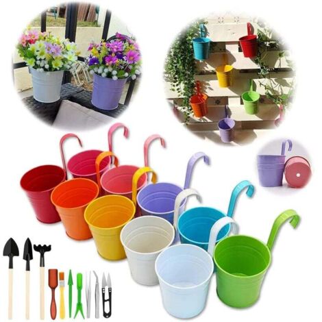ALOVEZ Set di 10 vasi da fiori in metallo sospesi con foro di drenaggio, gancio rimovibile, misure assortite (17x10x8 cm con attrezzi da giardino)