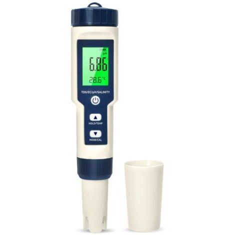 (18×3,7×3,7 cm) Misuratore di pH, 5 in 1 pH/TDS/EC/Salinità/Termometro, Tester di pH con schermo LCD, Compensazione automatica della temperatura, Tester elettronico di pH per piscine, Adatto per acqua (1/4)