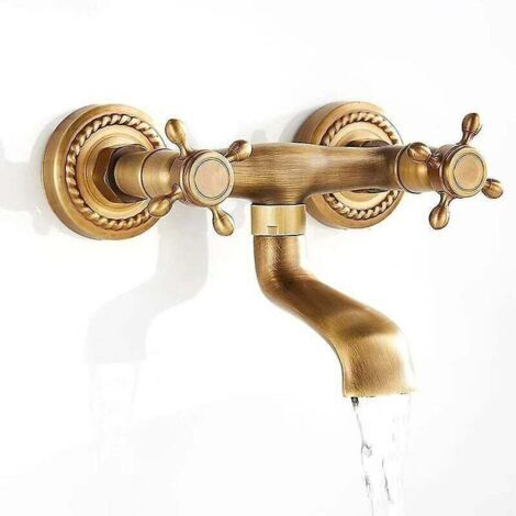 Rubinetto a parete in rame vintage, lavello da cucina antico con rotazione di 180 gradi e acqua calda e fredda (Cisea).
