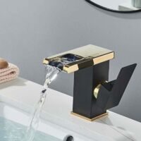 Rubinetto per lavabo a cascata a LED - Rubinetto per bagno nero e oro - Miscelatore per lavabo oro - Rubinetto vintage - Ottone