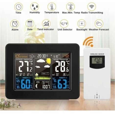 Stazione Meteo Wireless RISEPRO Con Sensore Esterno – Display Colori, Previsioni 12-24h, Sveglia, Temperatura E Umidità