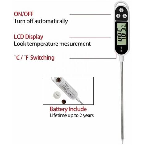 Termometro Digitale Per Carne Con Sonda In Acciaio Inox, Display LCD, Commutabile °C/°F, Per Griglia, Forno, Latte, Barbecue, Portatile