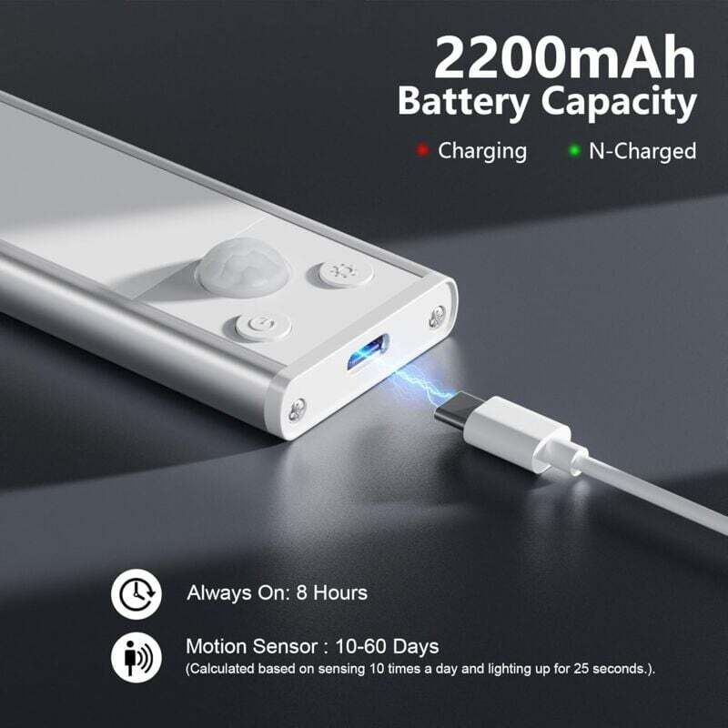 Luce Armadio LED, Luce Sottopensile Cucina con Sensore di Movimento, USB Ricaricabile Batteria 6000K Luce Notturna Striscia Dimmerabile Lampada per Campeggio Scale Soggiorno Bagno Camere da Letto