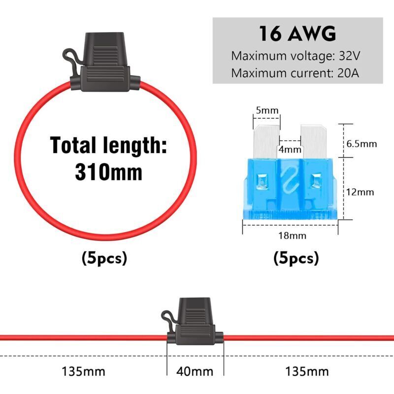Confezione da 5 portafusibili in linea da 12 V, portafusibili impermeabili da 16 AWG, filo di rame con fusibile da 15 A per auto/camion/moto/barca