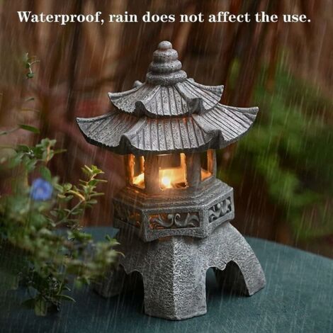 Lantana Solare A Pagoda Per Giardino – In Resina 26 Cm, Luce A LED, Sensore Crepuscolare, Grigio, Decorazione Zen